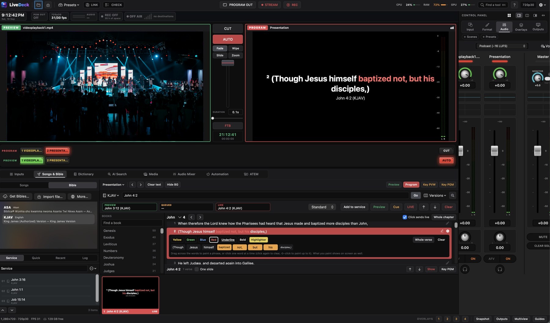 Songs and Bible tab with John 4:2 on the Program monitor and a highlighted phrase