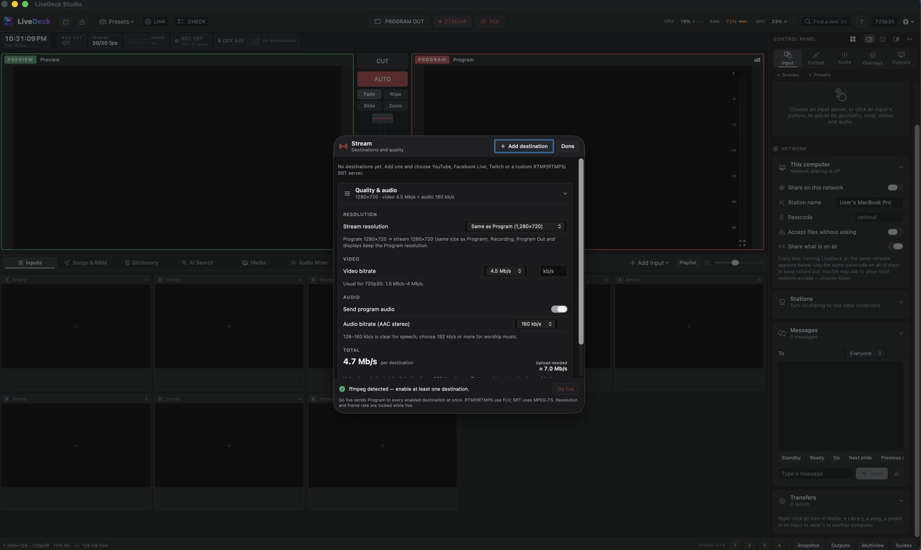 Stream settings sheet: destinations, stream resolution, video bitrate 4.5 Mb/s, audio bitrate and upload needed
